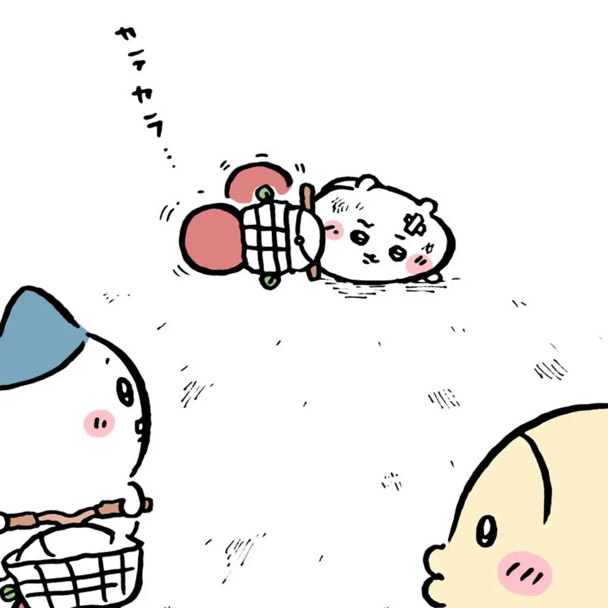 ちいかわマンガ】ガシャッ！自転車が横倒しに！ちいかわの涙をこらえる
